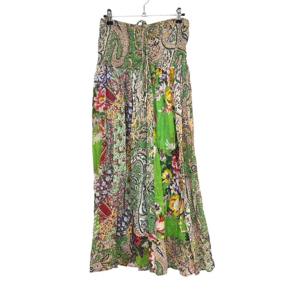 Patchwork‎ Boho Fairy Strapless Maxi Dress M Green Festival Hippie Cotton